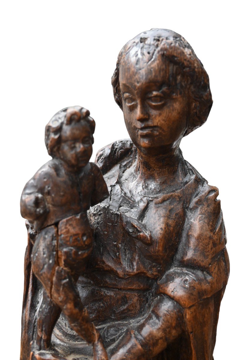 Virgin And Child Carved In Walnut Wood, 16th-17th Century-photo-2