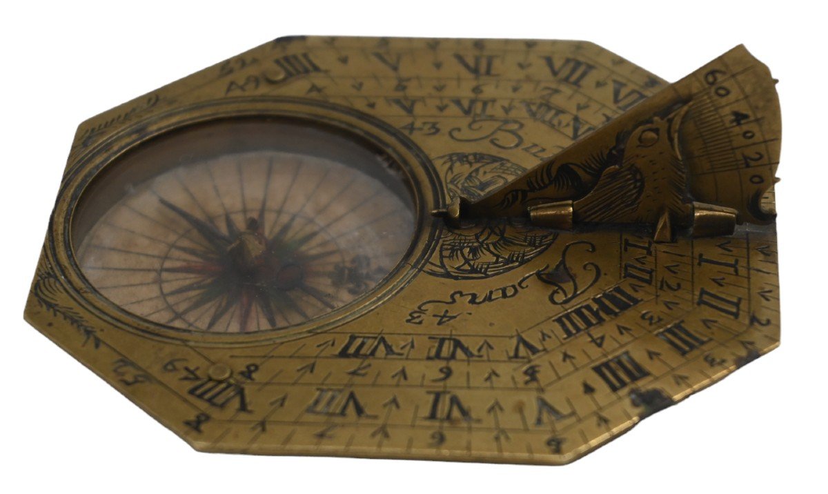 Pocket Sundial And Brass Compass By Michael Butterfield Paris, Circa 1700.