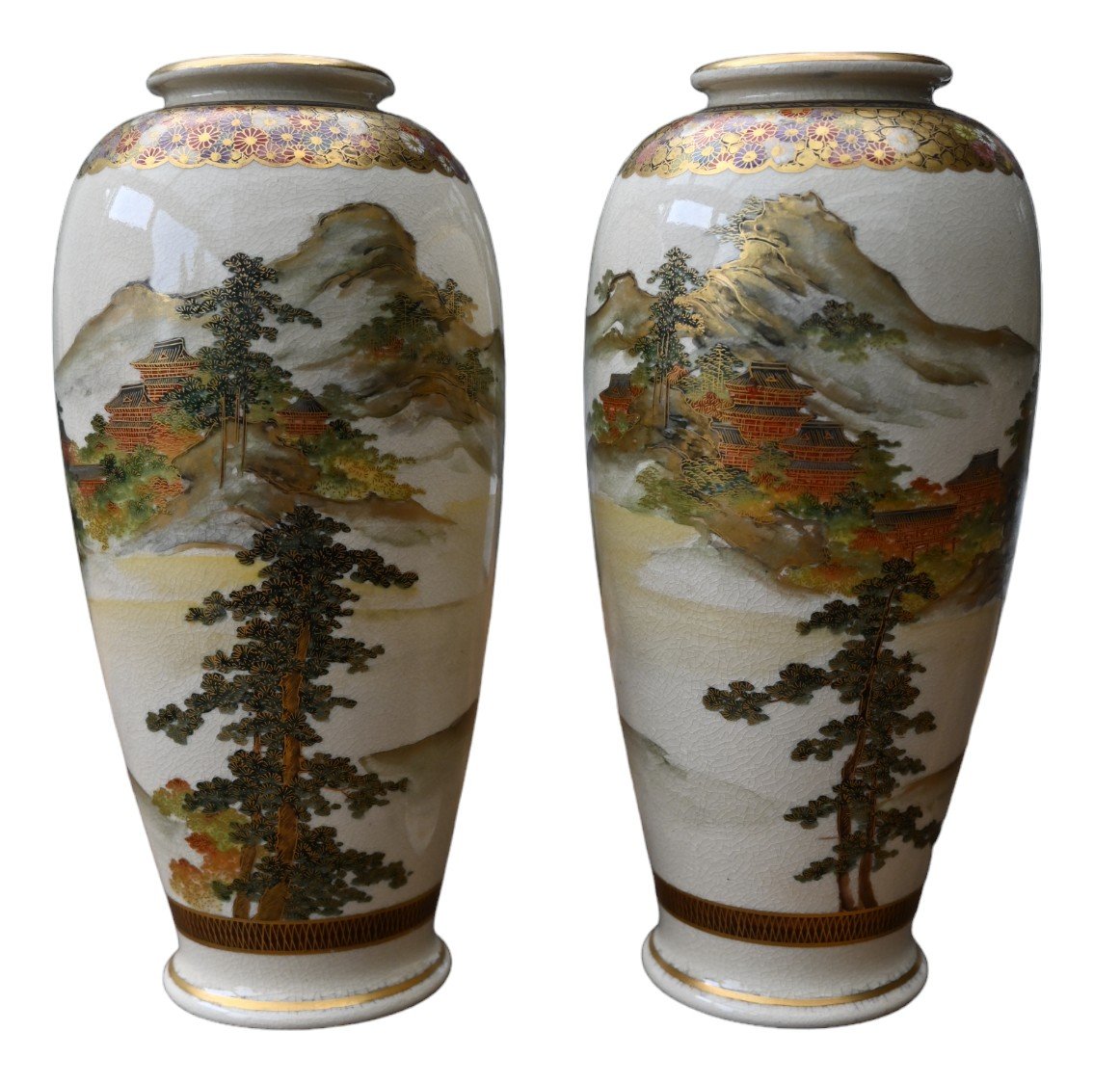Pair Of Satsuma Earthenware Vases "zenkozan" Japan, Meiji Period -photo-5