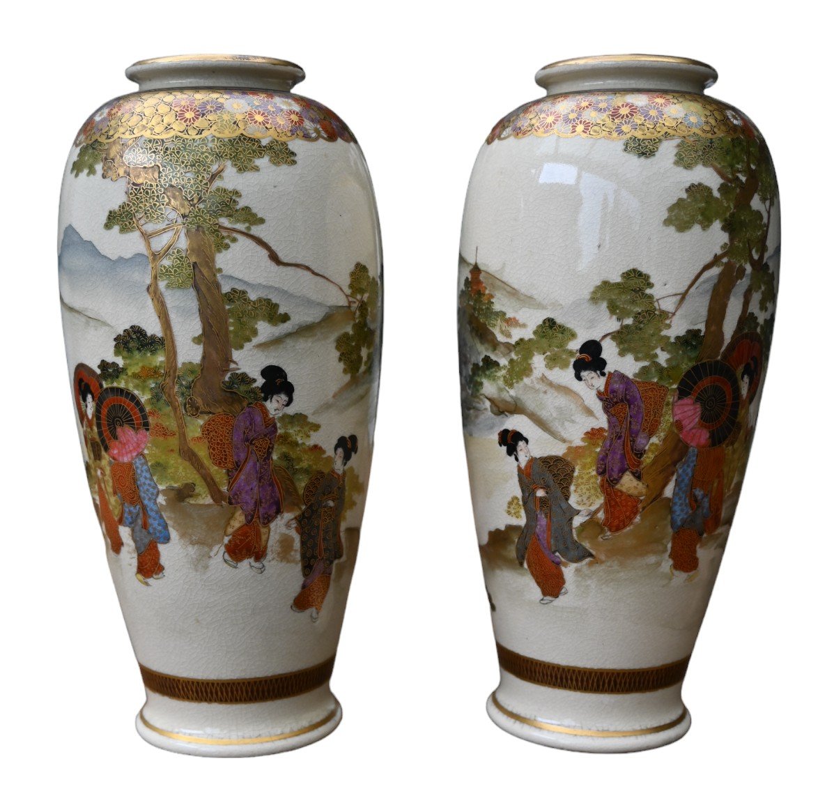 Pair Of Satsuma Earthenware Vases "zenkozan" Japan, Meiji Period 