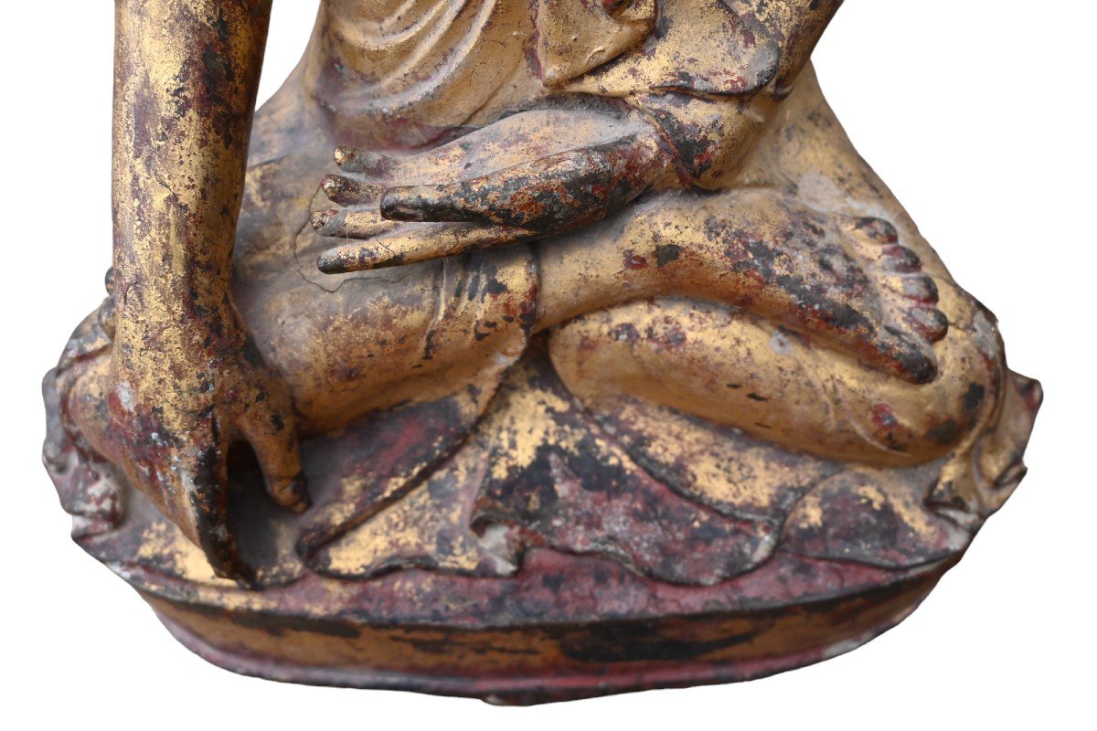Large Buddha From Myanmar In Gilt Bronze, Mandalay Period, 19th Century-photo-3