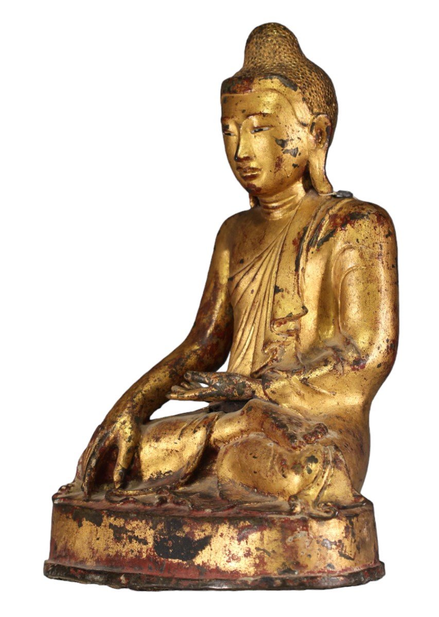 Large Buddha From Myanmar In Gilt Bronze, Mandalay Period, 19th Century-photo-1