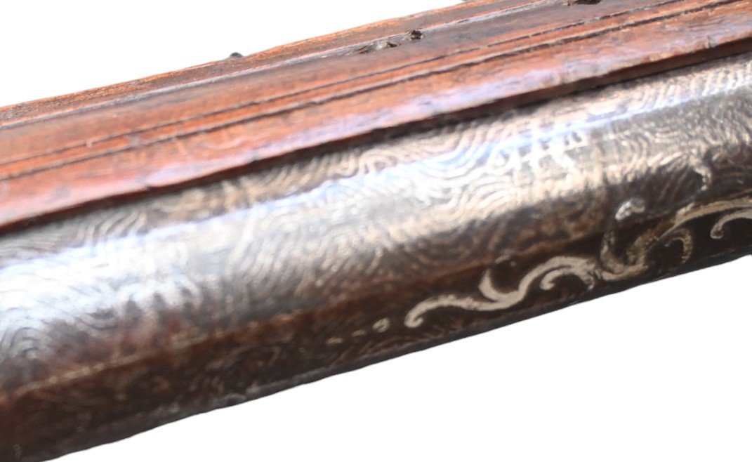 Flintlock Pistol, Damask Steel Barrel Inlaid With Silver-photo-6