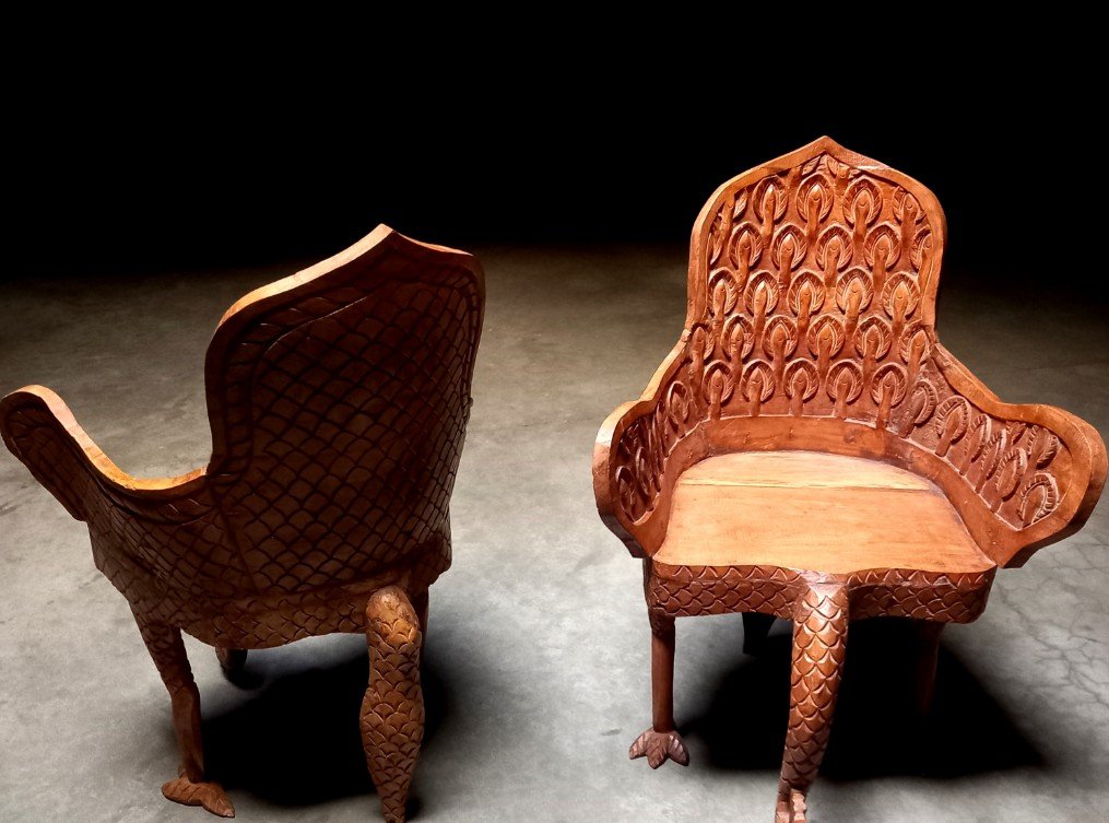 Paire De Fauteuils Paon Birmans Anglo-indiens Sculptés à La Main Vers 1880-photo-4