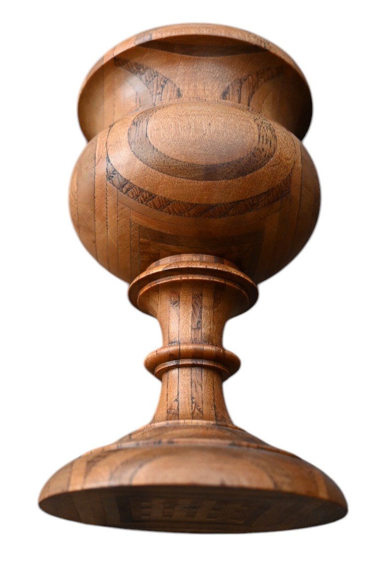Antique Treenware Multi-wood Laminated Egg And Cup, Early 20th Century-photo-4
