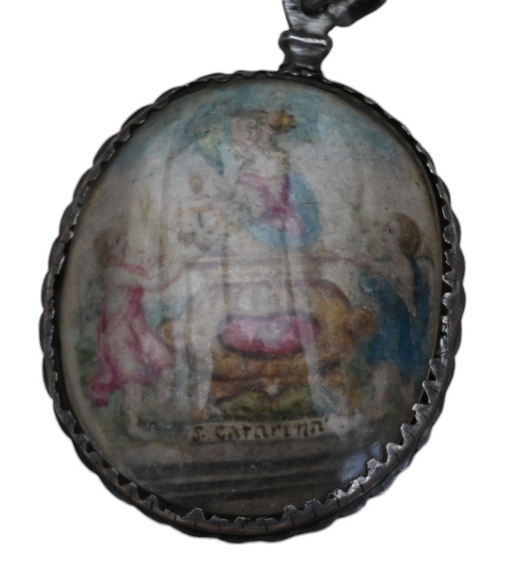 M&eacute;daillon Reliquaire, Miniature Sur V&eacute;lin Relique De Saint Catarina &eacute;poque 17e Siecle-photo-3