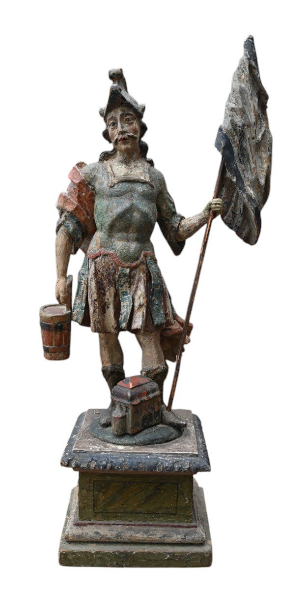 17th Century Italian Polychrome Carved Wood Statue Of Saint Florian