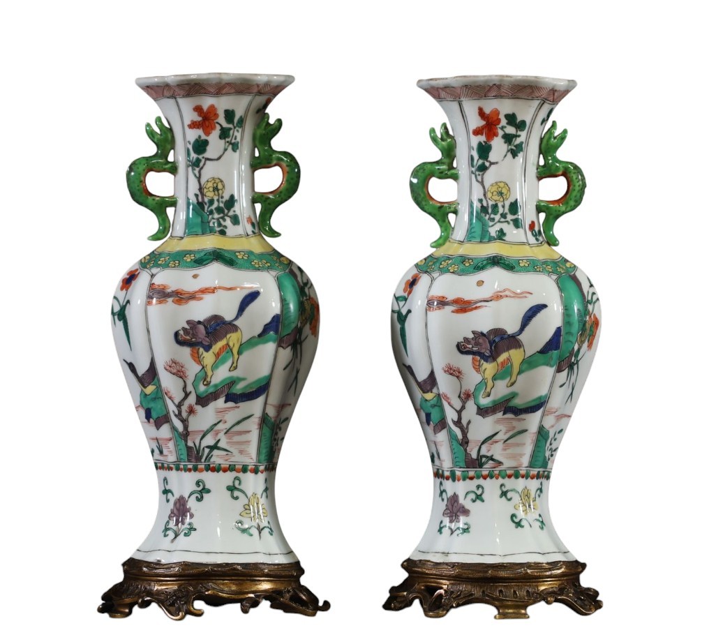 Pair Of 18th Century Chinese Famille Verte Porcelain Vases, Kangxi Period