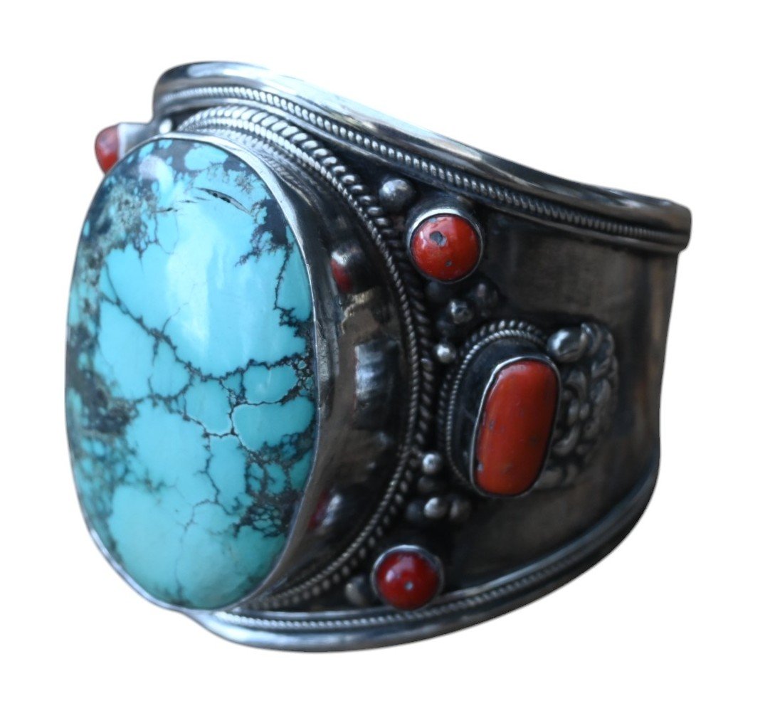 Bracelet En Argent Massif Avec Corail Rouge Et Turquoise, Tibet/népal-photo-2