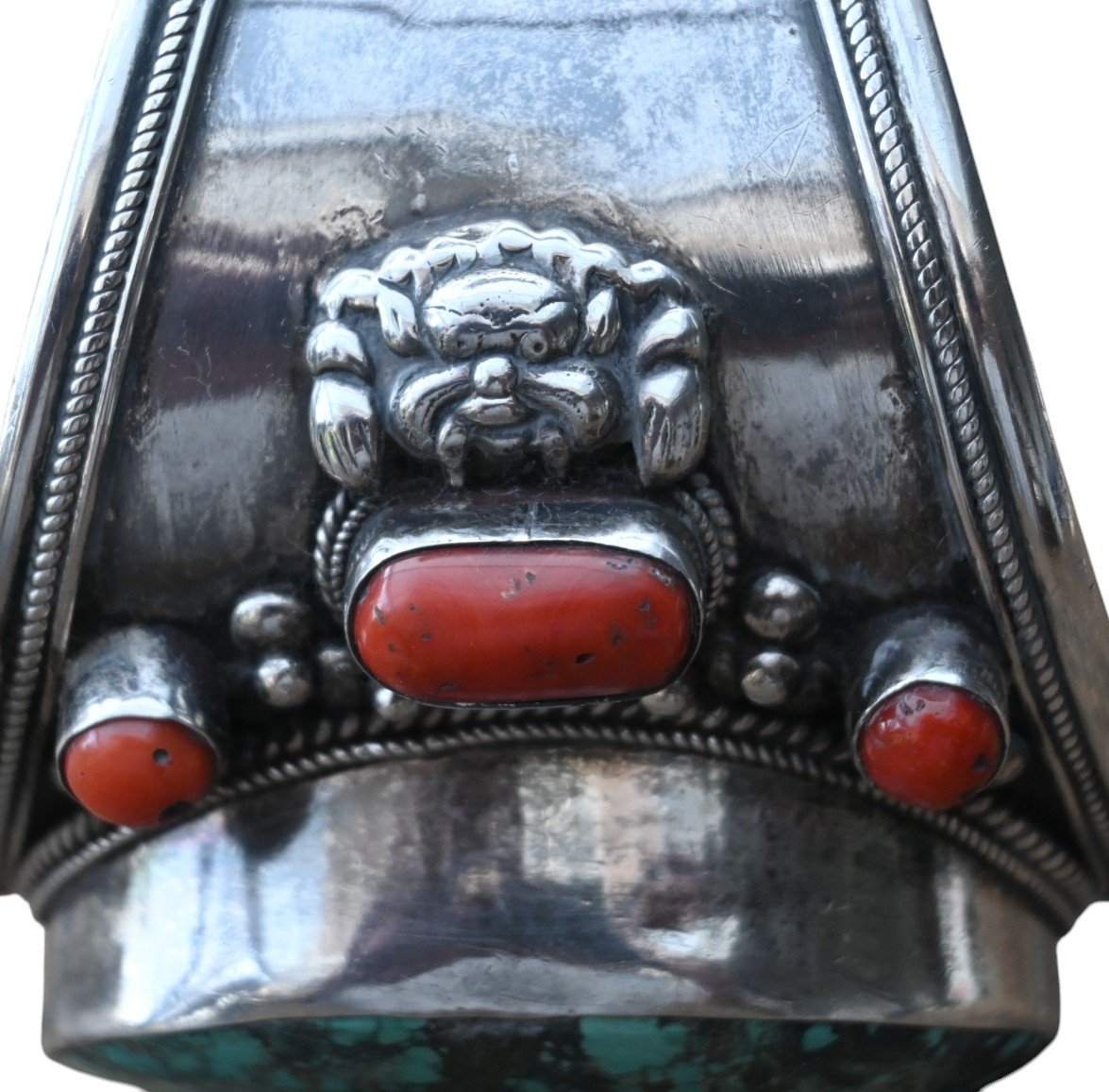 Bracelet En Argent Massif Avec Corail Rouge Et Turquoise, Tibet/népal-photo-4