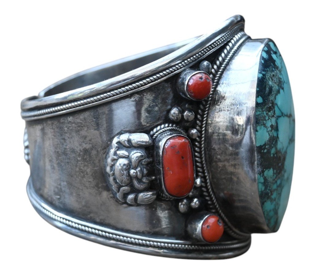 Bracelet En Argent Massif Avec Corail Rouge Et Turquoise, Tibet/népal-photo-4