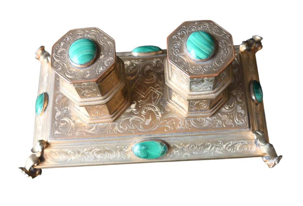 Antique 19th Century Gilt Bronze Inkwell With Malachite-photo-2