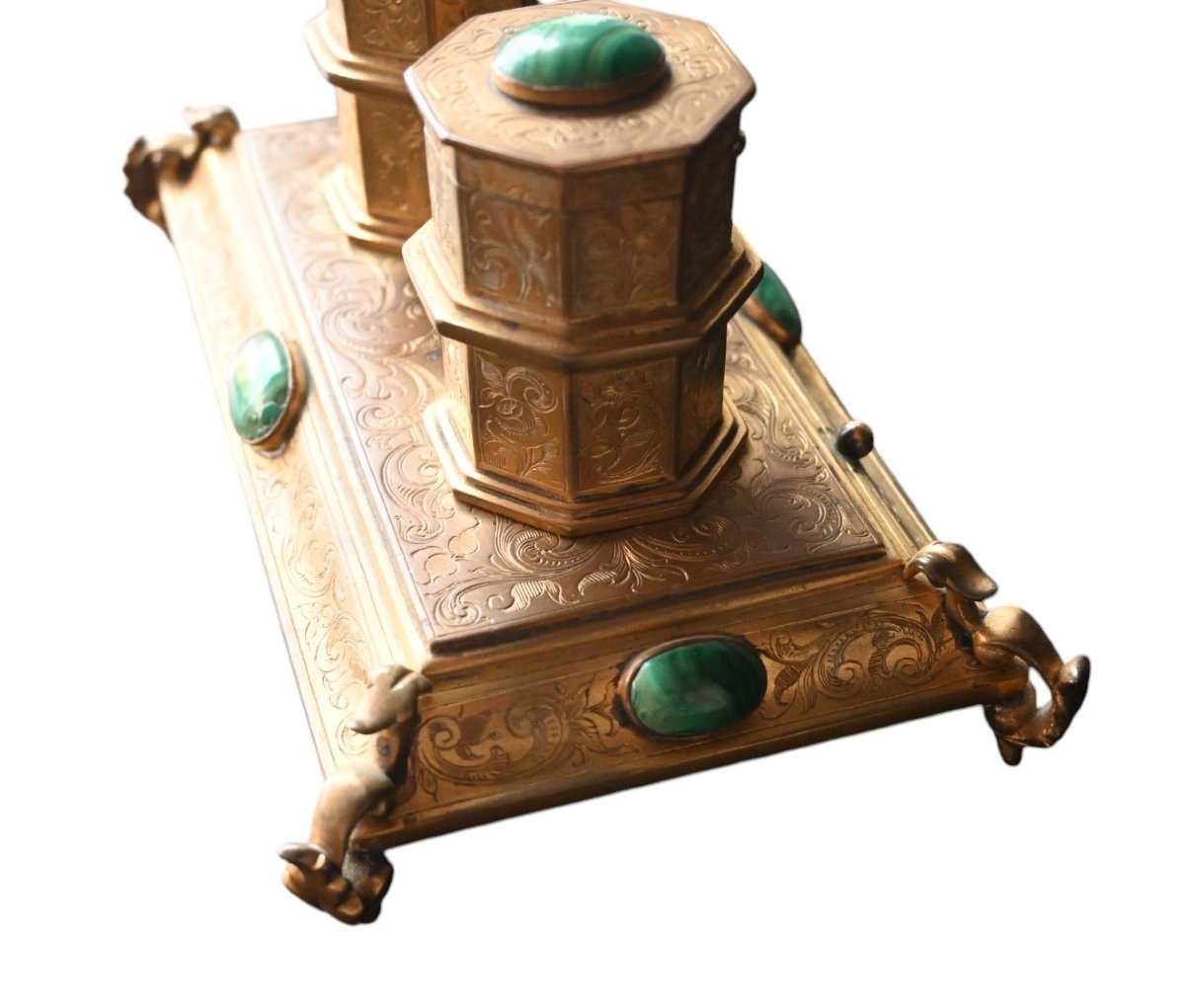 Antique 19th Century Gilt Bronze Inkwell With Malachite-photo-3