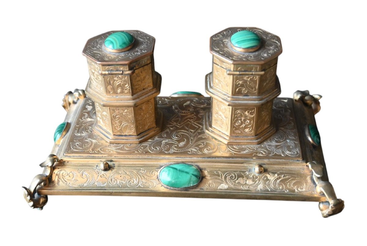 Antique 19th Century Gilt Bronze Inkwell With Malachite-photo-4