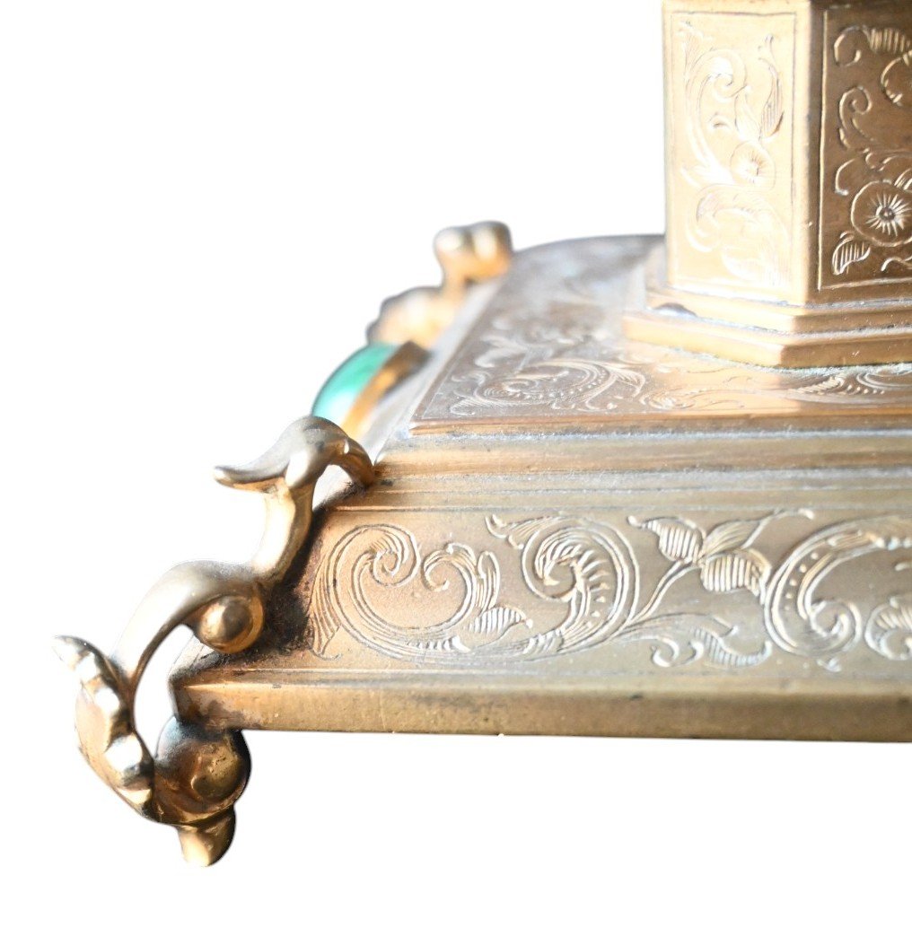 Antique 19th Century Gilt Bronze Inkwell With Malachite-photo-2