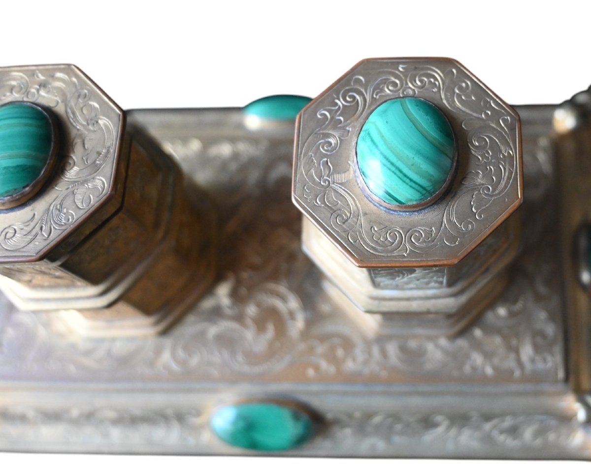 Antique 19th Century Gilt Bronze Inkwell With Malachite-photo-4