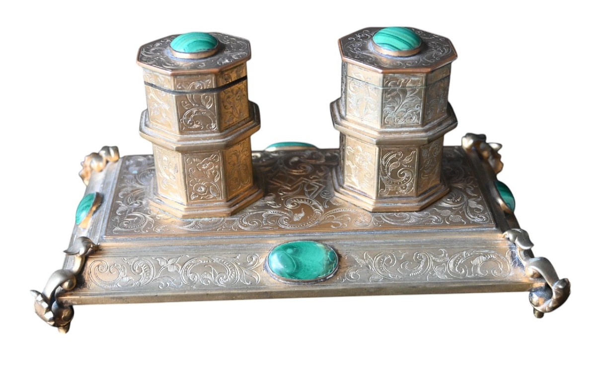 Antique 19th Century Gilt Bronze Inkwell With Malachite