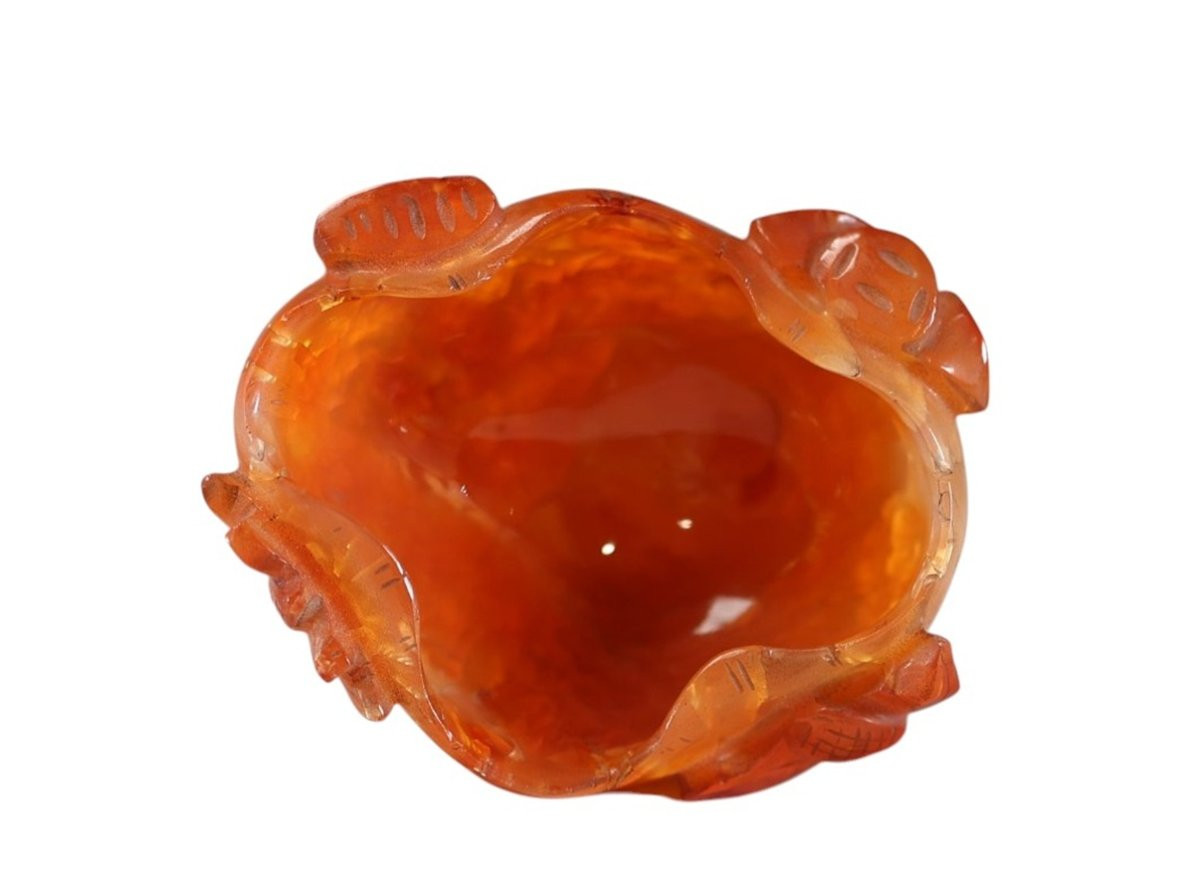 Chine, Porte-pinceaux En Agate (cornaline) Sculptée à Décor En Relief, XXe Siécle-photo-3