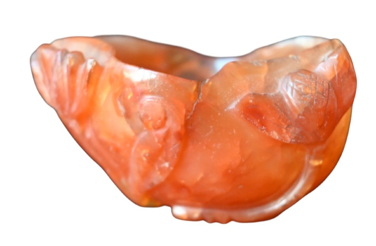 Chine, Porte-pinceaux En Agate (cornaline) Sculptée à Décor En Relief, XXe Siécle-photo-2