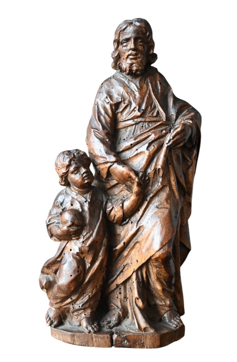 Saint Joseph avec  l'Enfant Jezus, statue en bois 17éme siécle