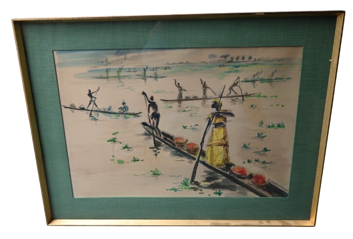 Paul Daxhelet (1905-1993) aquarelle africaniste, milieu du XXe siècle-photo-4