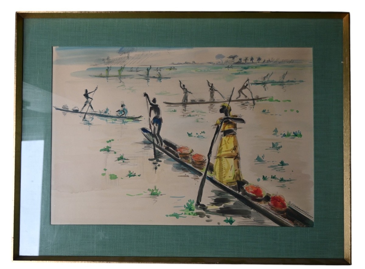 Paul Daxhelet (1905-1993) aquarelle africaniste, milieu du XXe siècle