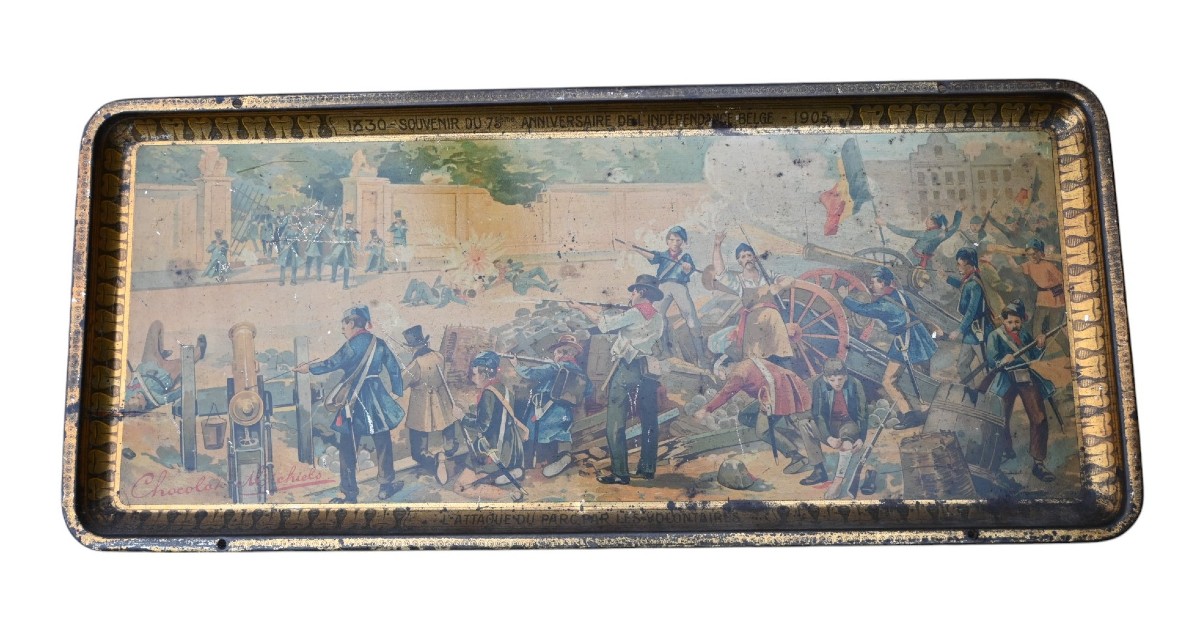 Plateau en tôle  avec publicité  « chocolat Michiels » 1905, 75 ans d'indépendance belge