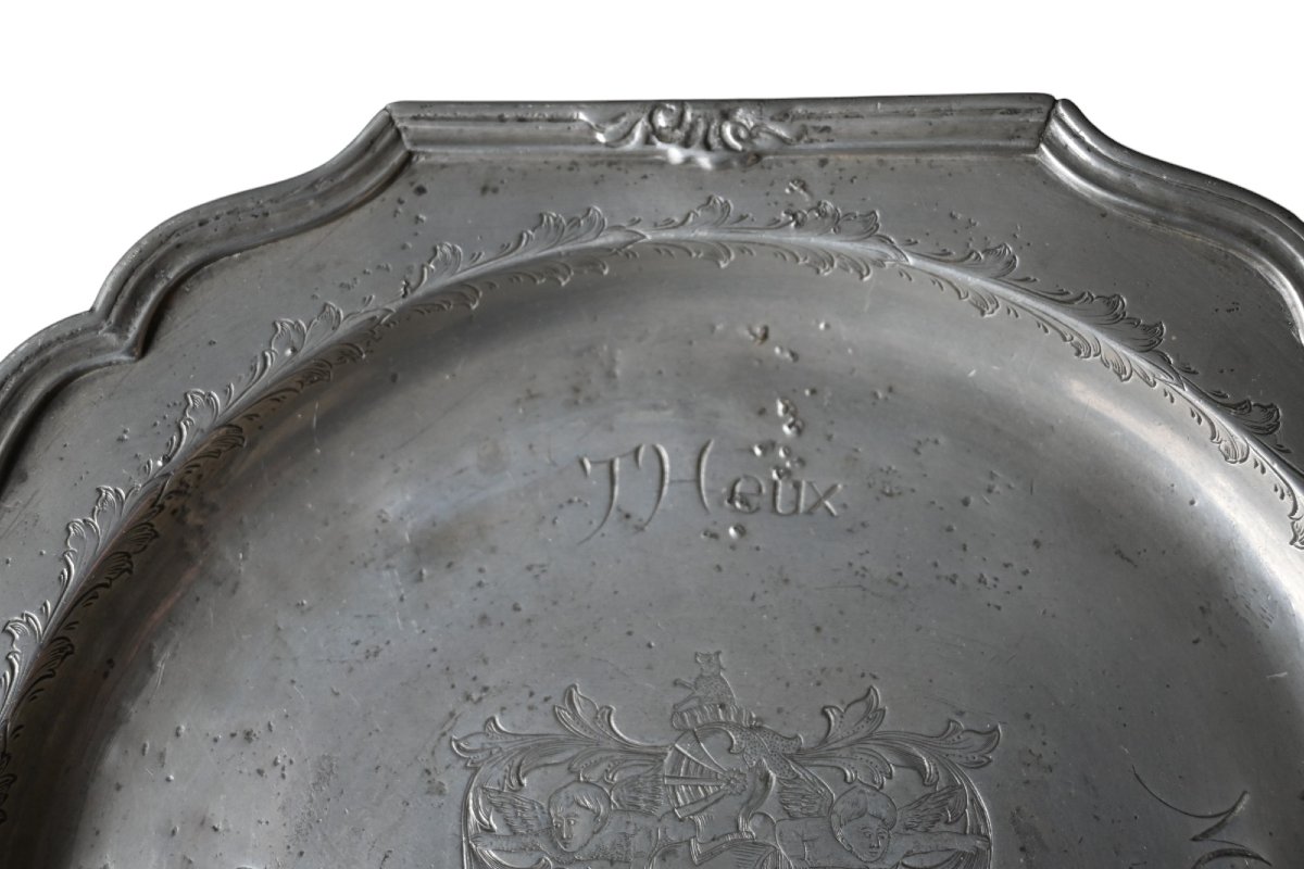 18th Century Pewter Plate With Important Coat Of Arms, 1721-photo-3