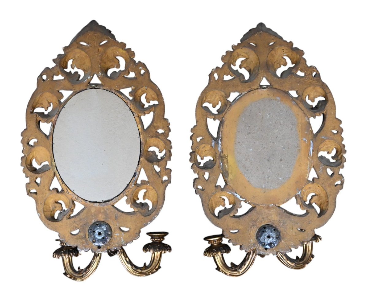Paire de miroirs / appliques en bois sculpté doré, XIXe siècle-photo-2
