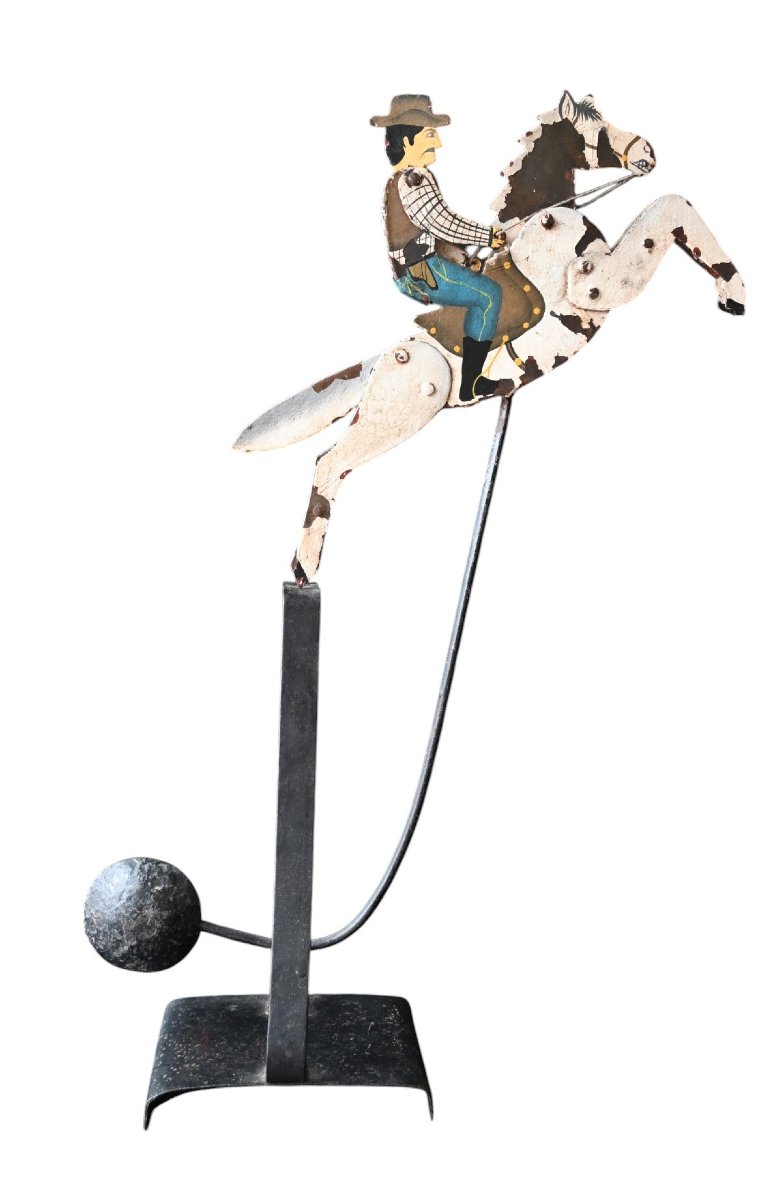 Antique Galloping Cowboy Balance Toy In Motion, Hand Painted Wrought Iron, 19th Century.-photo-1