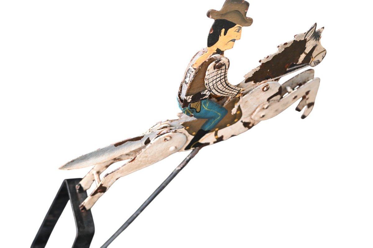 Antique Galloping Cowboy Balance Toy In Motion, Hand Painted Wrought Iron, 19th Century.-photo-3