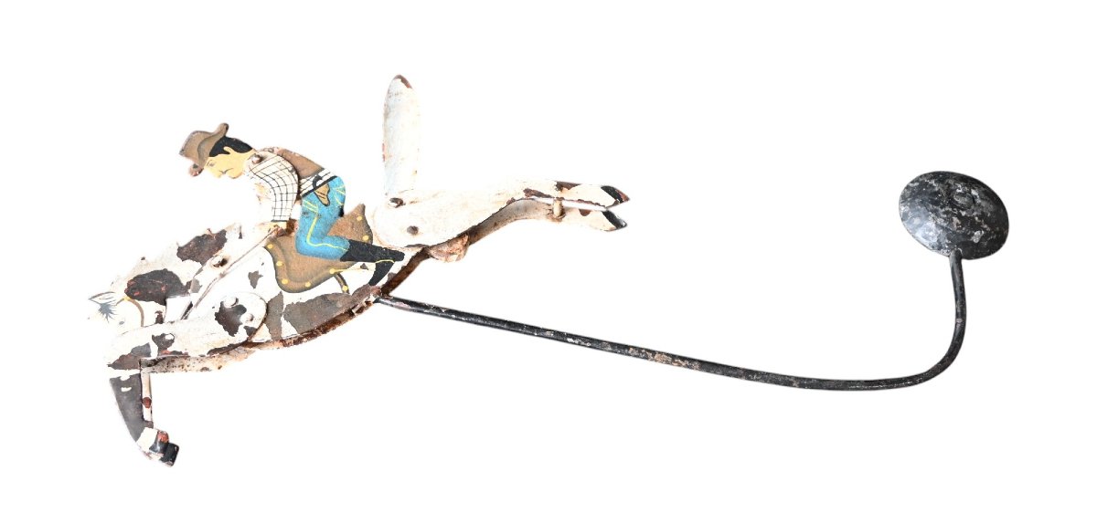 Antique Galloping Cowboy Balance Toy In Motion, Hand Painted Wrought Iron, 19th Century.-photo-6