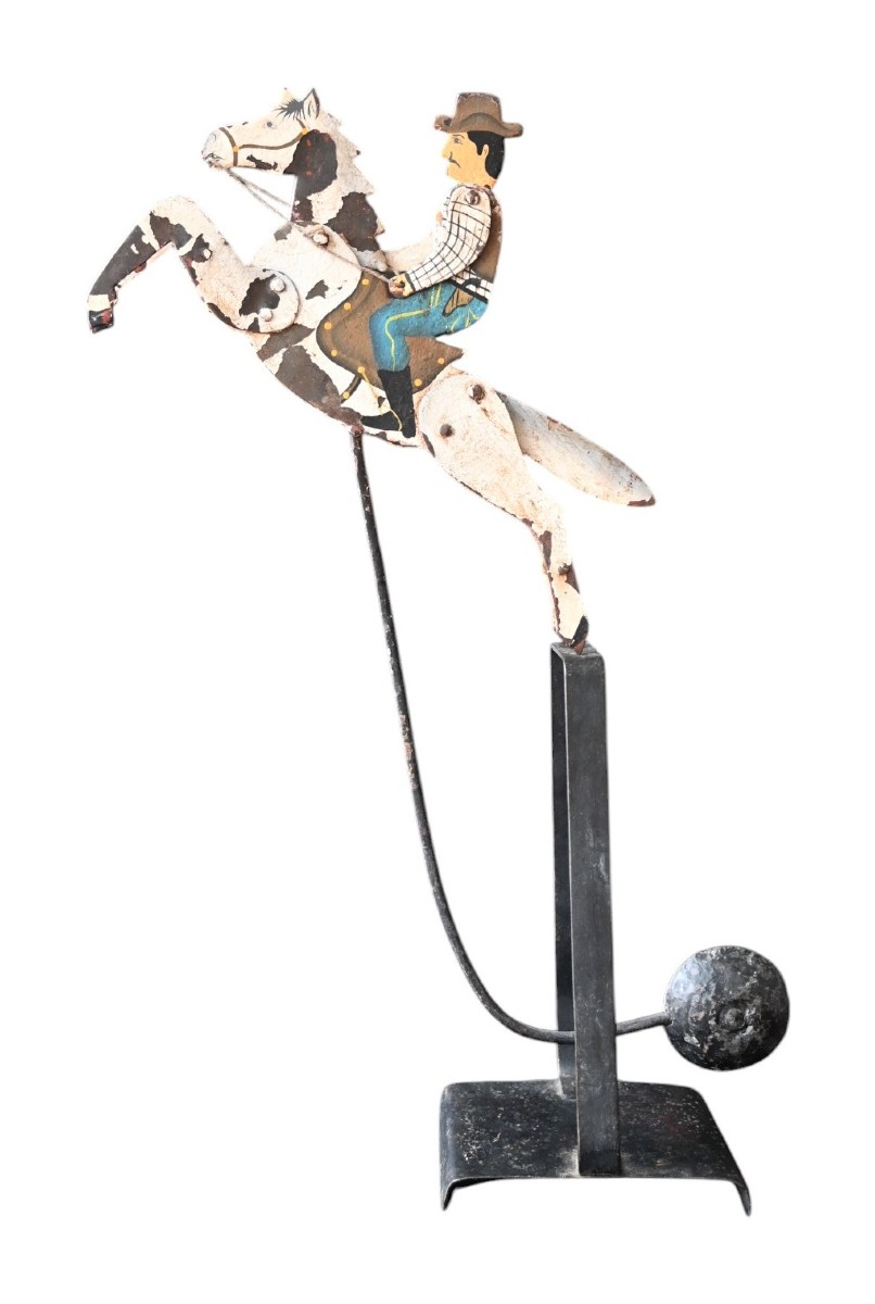 Antique Galloping Cowboy Balance Toy In Motion, Hand Painted Wrought Iron, 19th Century.