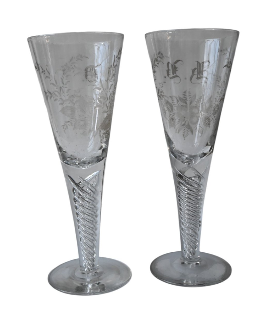 Pair Of Large (28 Cm) Twisted 19th Century Friendship/wedding Wine Glasses-photo-2
