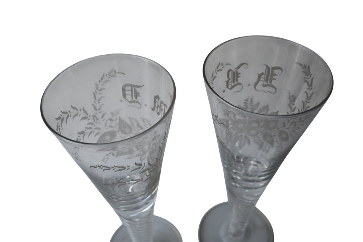 Pair Of Large (28 Cm) Twisted 19th Century Friendship/wedding Wine Glasses-photo-3