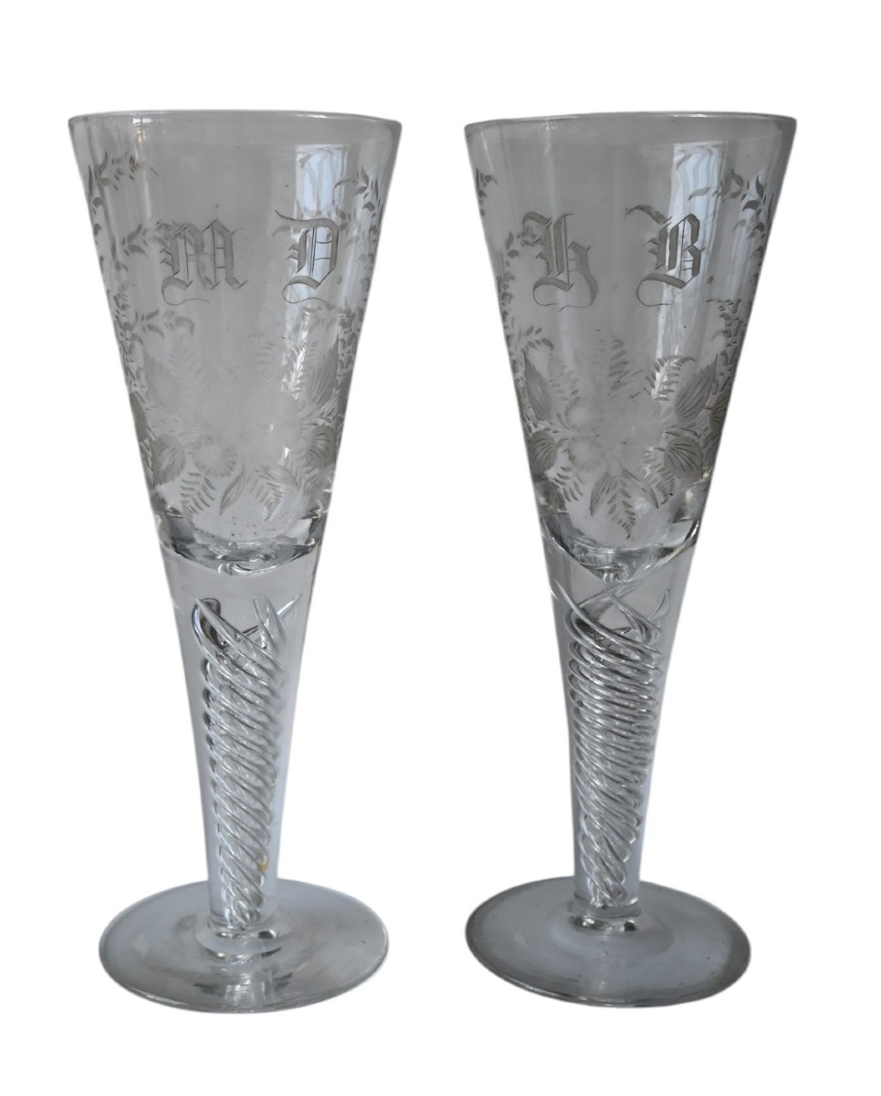 Pair Of Large (28 Cm) Twisted 19th Century Friendship/wedding Wine Glasses