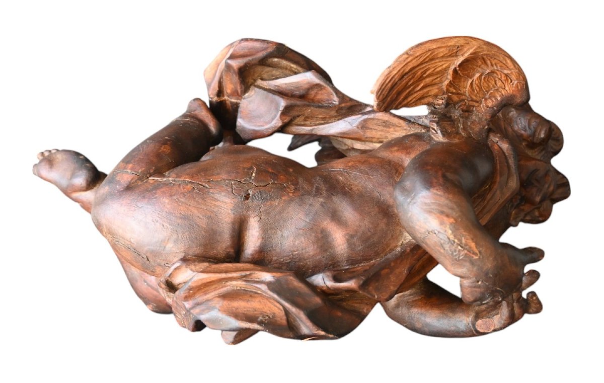 Angel, Cherub, Putti In Carved Wood, Baroque, Late 17th Century-photo-3