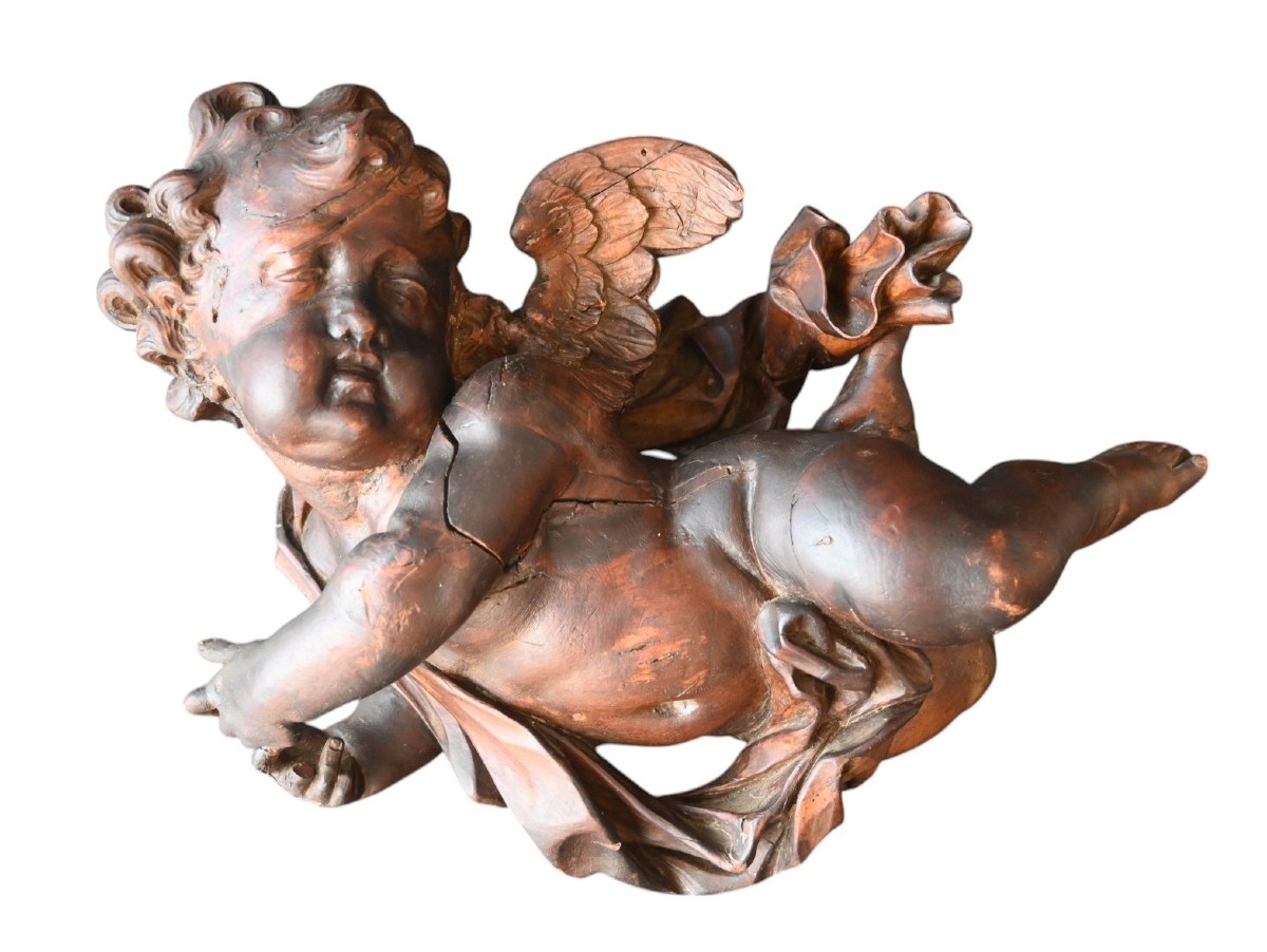 Angel, Cherub, Putti In Carved Wood, Baroque, Late 17th Century