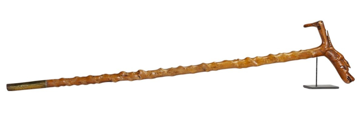 Canne ancienne en bois sculpté – Manche fantastique , 19 éme siécle-photo-4
