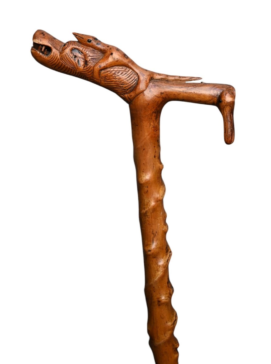 Canne ancienne en bois sculpté – Manche fantastique , 19 éme siécle-photo-1