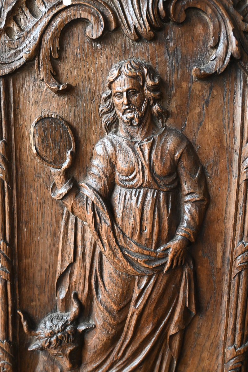 Oak Panel Carved In High Relief Representing Saint Luke, Circa 1700-photo-3
