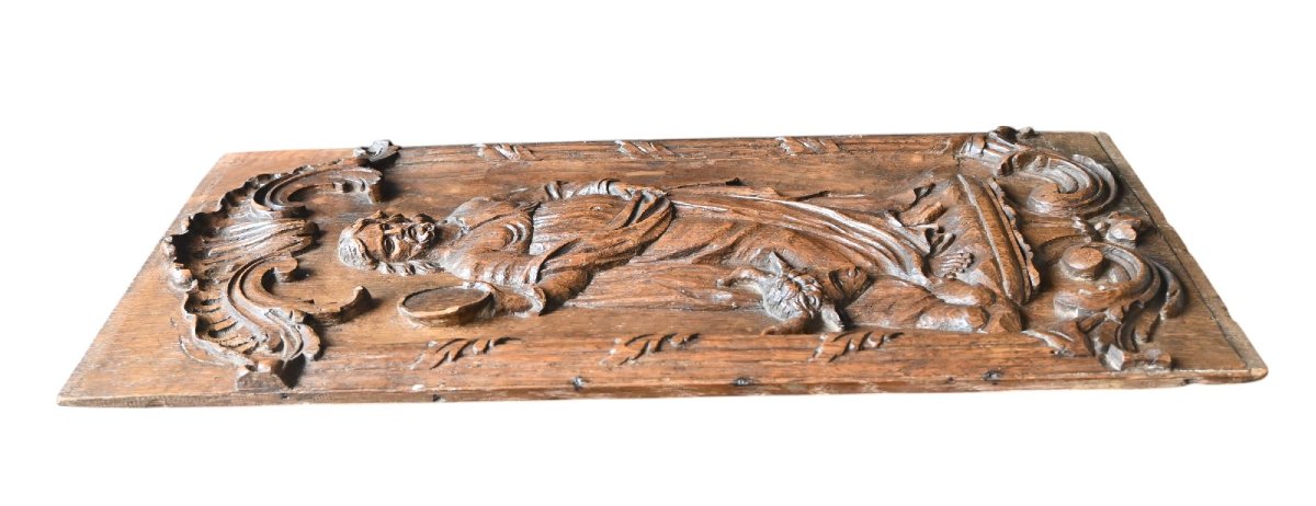 Oak Panel Carved In High Relief Representing Saint Luke, Circa 1700-photo-2