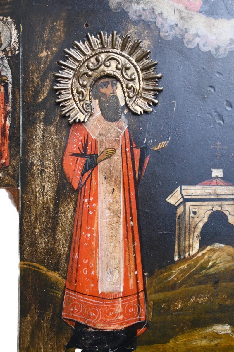 Ancient Russian Orthodox Icon – Two Holy Ascetics Under Mandorla With Golden Nimbus-photo-4