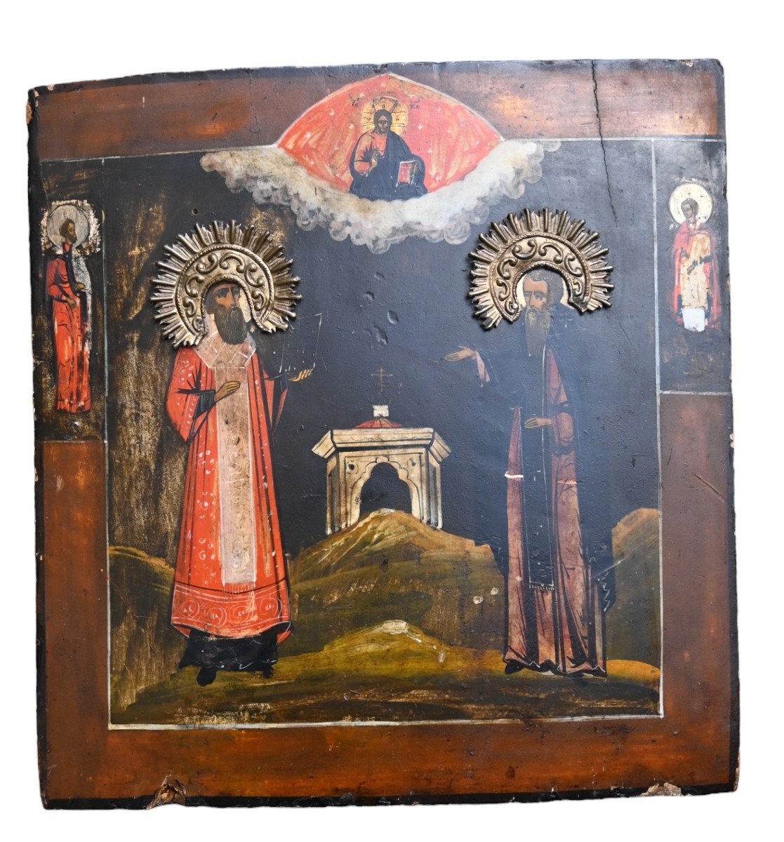 Ancient Russian Orthodox Icon – Two Holy Ascetics Under Mandorla With Golden Nimbus