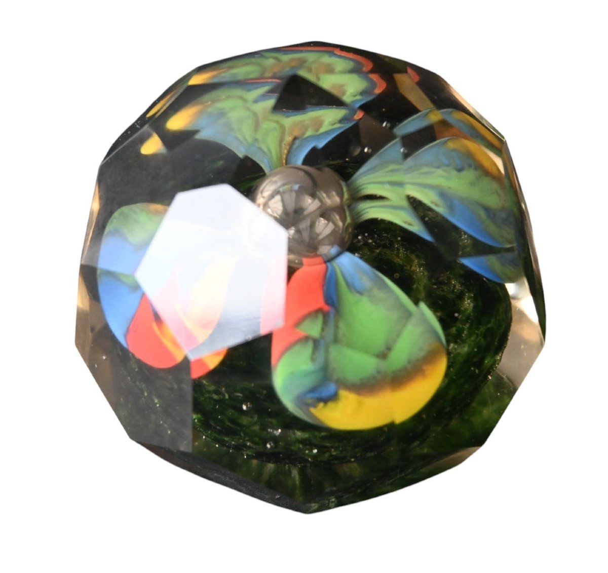 Antique Cut Glass Paperweight – Flowers In Inclusion (bohemian Style), Polished Bottom-photo-3