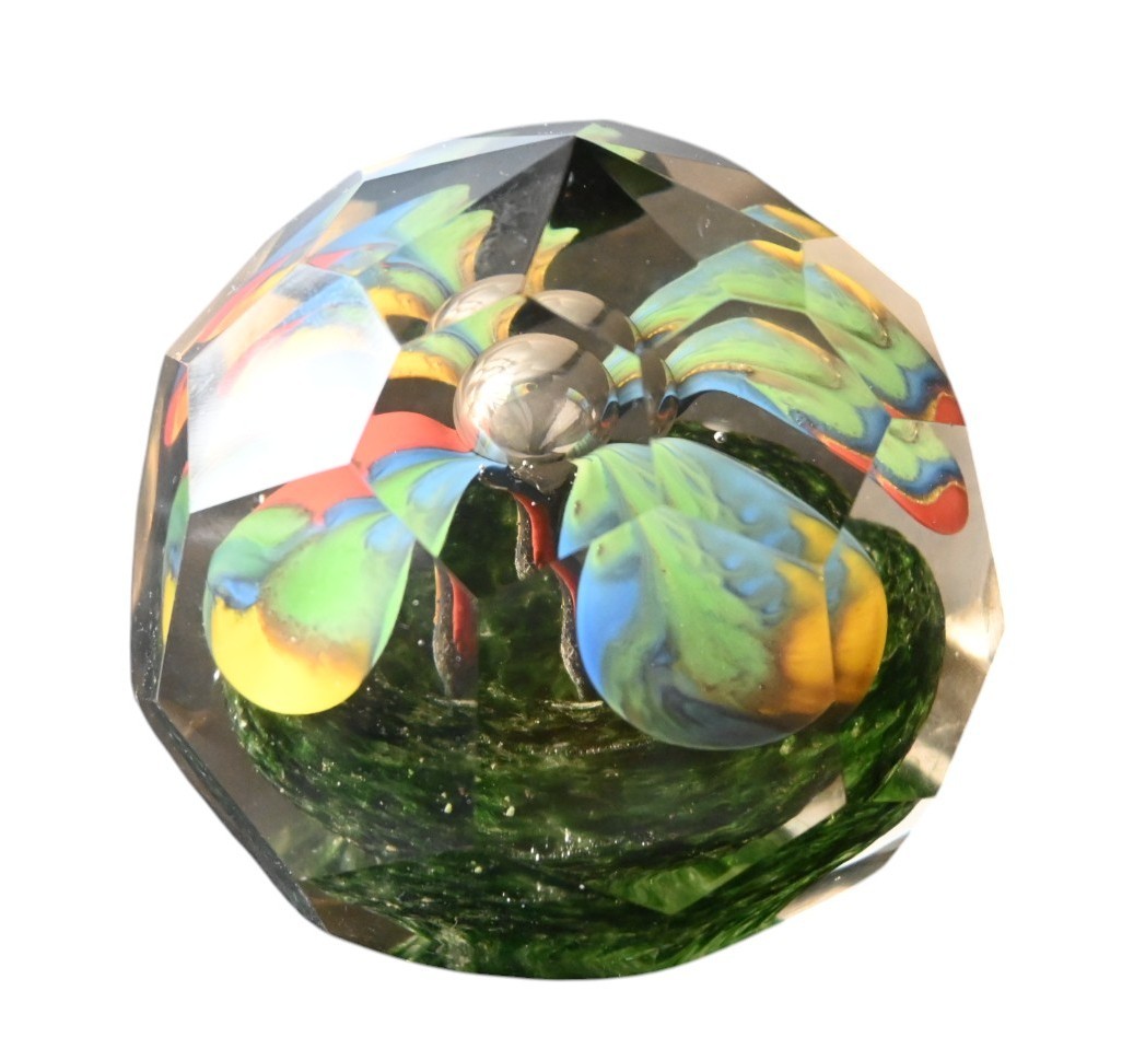 Antique Cut Glass Paperweight – Flowers In Inclusion (bohemian Style), Polished Bottom