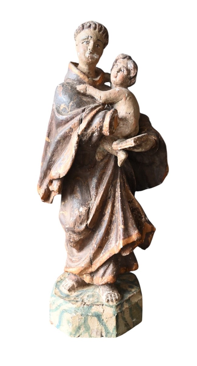 Saint Anthony Of Padua With The Infant Jesus – Polychrome Wooden Sculpture, Tyrol, 18th Century 