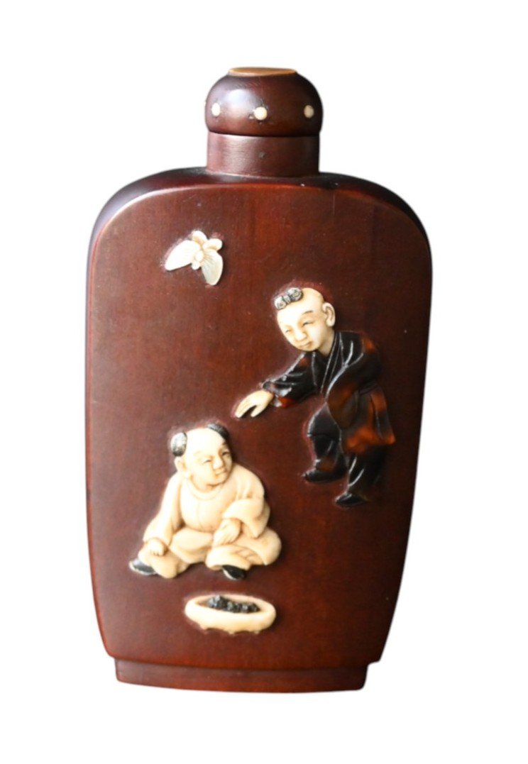 Japanese Meiji Period Inlaid Hardwood Snuff Bottle – Shibayama School Style-photo-2