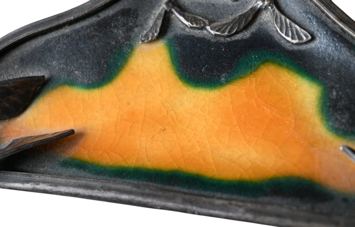 Plateau à stylos Art Nouveau en métal argenté et céramique émaillée – France, vers 1900-photo-4