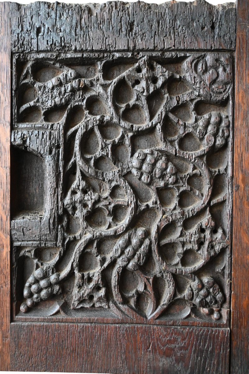 Rare Gothic Oak Panel Carved With Vine And Grape Cluster Motif, Circa 1320–1400-photo-2